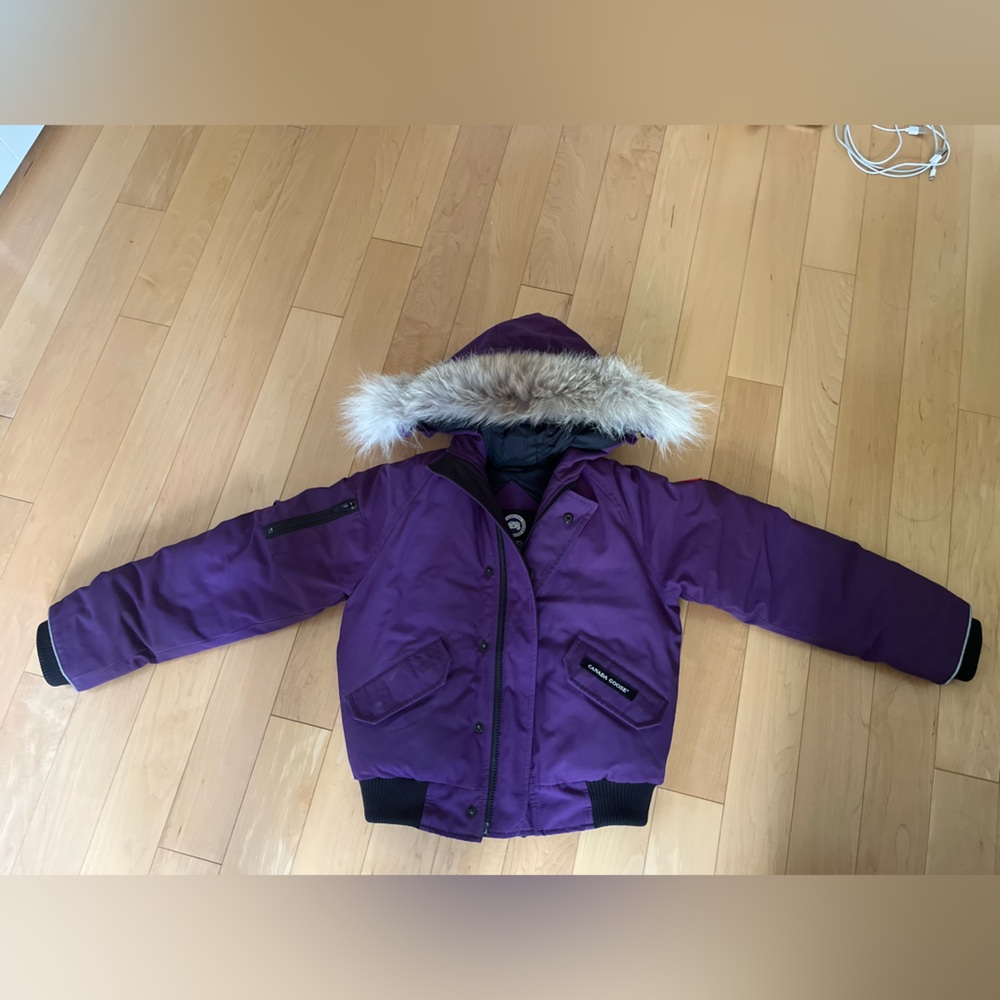 Canada Goose Kids Puffer Jacket in Purple with Fur Trim